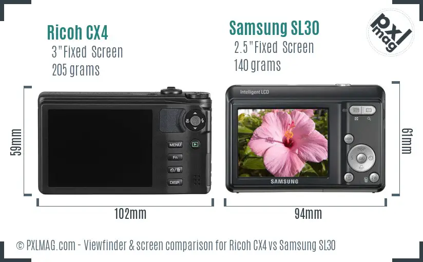 Ricoh CX4 vs Samsung SL30 Screen and Viewfinder comparison