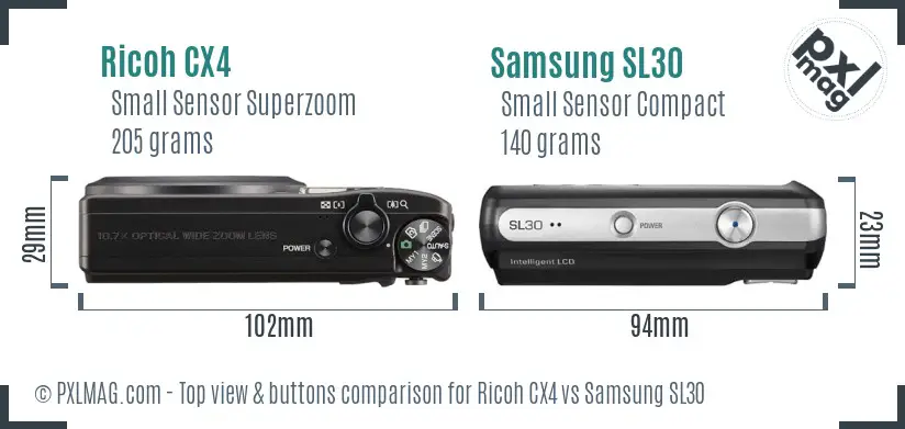 Ricoh CX4 vs Samsung SL30 top view buttons comparison