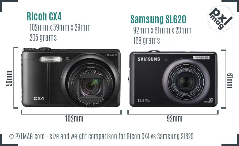 Ricoh CX4 vs Samsung SL620 size comparison