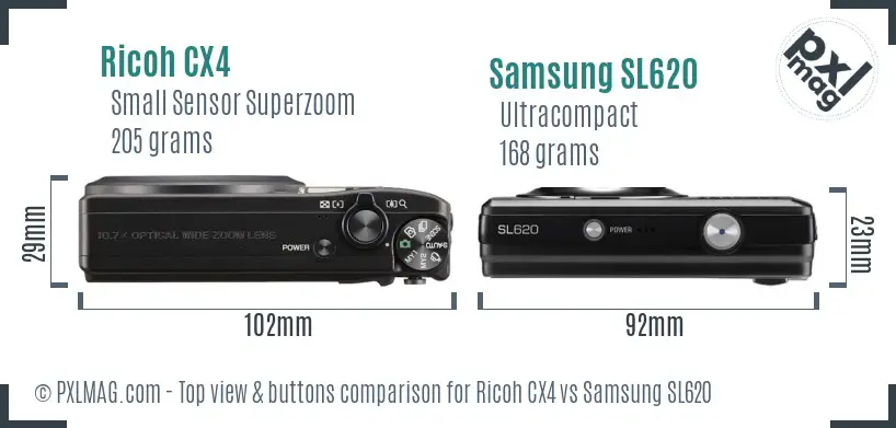 Ricoh CX4 vs Samsung SL620 top view buttons comparison