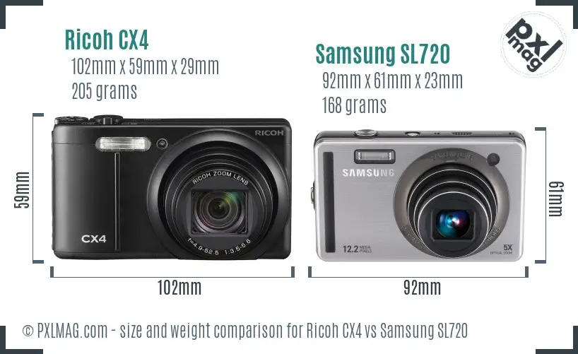 Ricoh CX4 vs Samsung SL720 size comparison