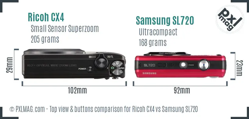 Ricoh CX4 vs Samsung SL720 top view buttons comparison