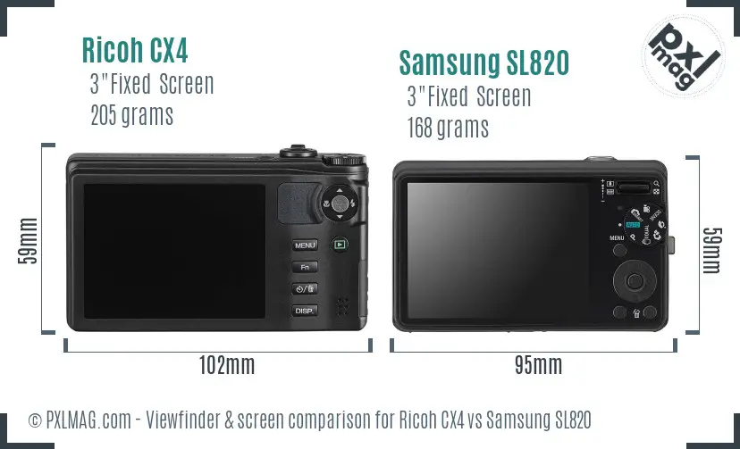 Ricoh CX4 vs Samsung SL820 Screen and Viewfinder comparison