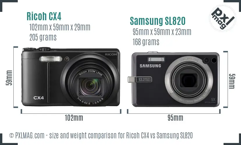 Ricoh CX4 vs Samsung SL820 size comparison