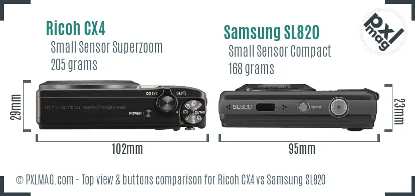 Ricoh CX4 vs Samsung SL820 top view buttons comparison