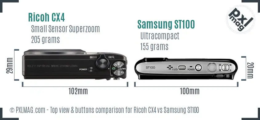 Ricoh CX4 vs Samsung ST100 top view buttons comparison