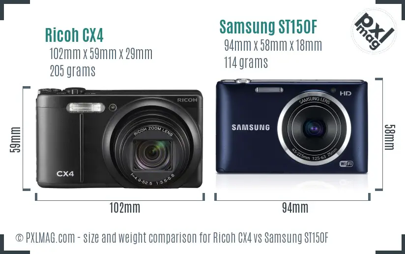 Ricoh CX4 vs Samsung ST150F size comparison