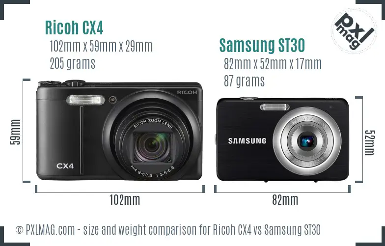 Ricoh CX4 vs Samsung ST30 size comparison