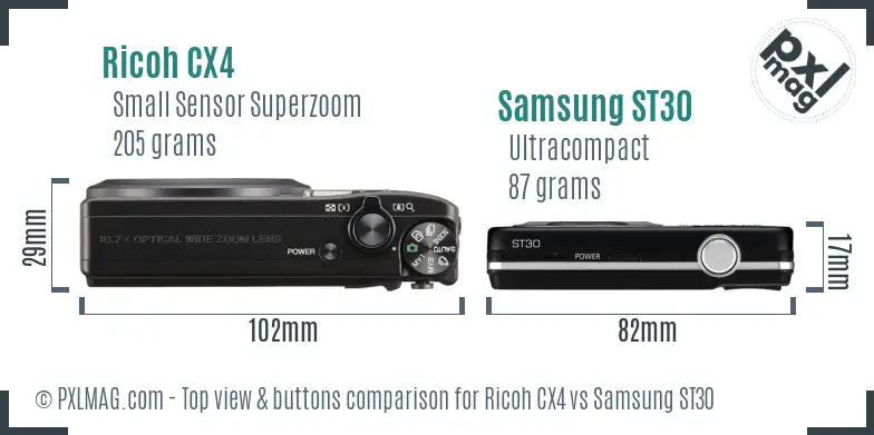 Ricoh CX4 vs Samsung ST30 top view buttons comparison