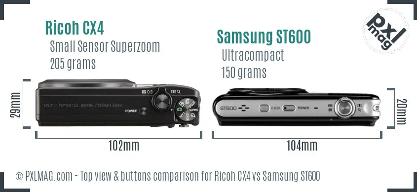 Ricoh CX4 vs Samsung ST600 top view buttons comparison