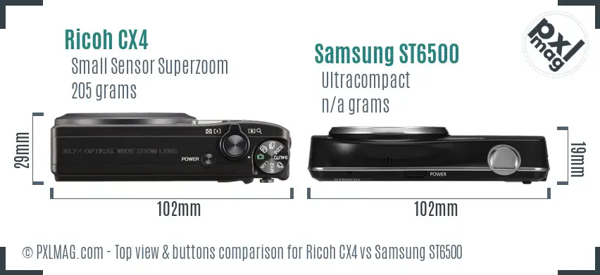 Ricoh CX4 vs Samsung ST6500 top view buttons comparison