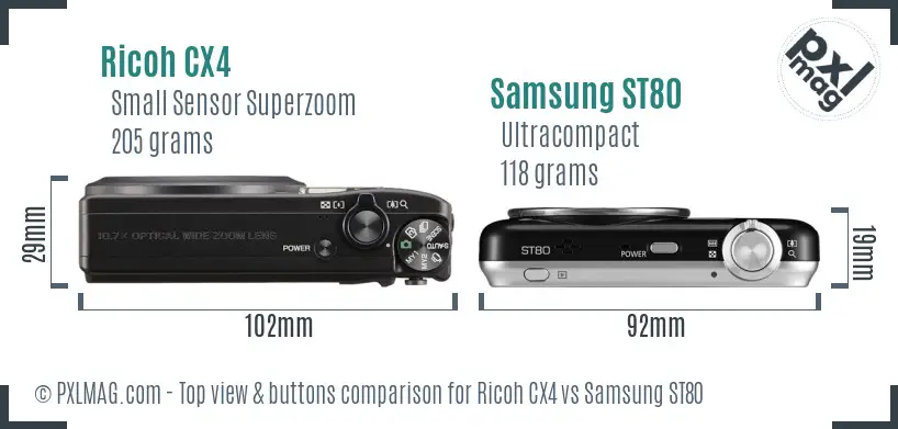 Ricoh CX4 vs Samsung ST80 top view buttons comparison