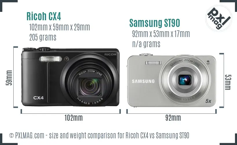 Ricoh CX4 vs Samsung ST90 size comparison