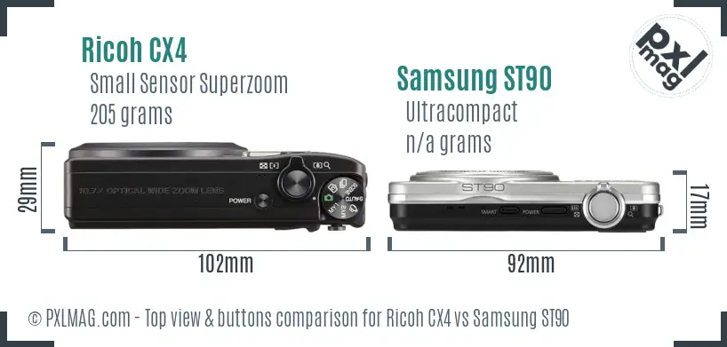 Ricoh CX4 vs Samsung ST90 top view buttons comparison