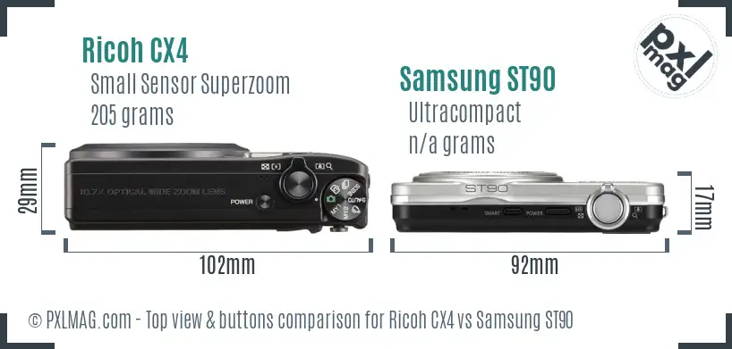 Ricoh CX4 vs Samsung ST90 top view buttons comparison Ricoh CX4 vs Samsung ST90 top view buttons comparison