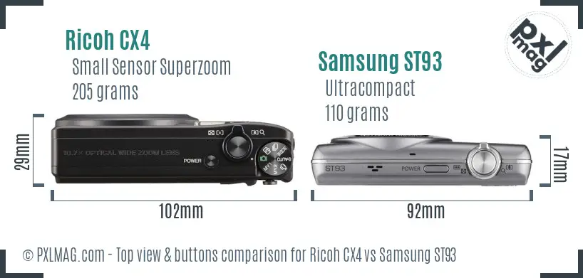 Ricoh CX4 vs Samsung ST93 top view buttons comparison Ricoh CX4 vs Samsung ST93 top view buttons comparison