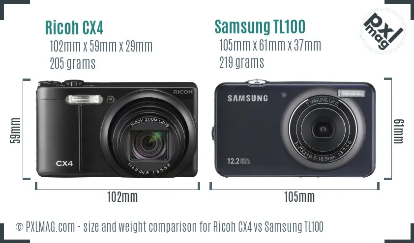 Ricoh CX4 vs Samsung TL100 size comparison