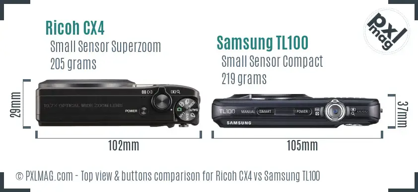 Ricoh CX4 vs Samsung TL100 top view buttons comparison