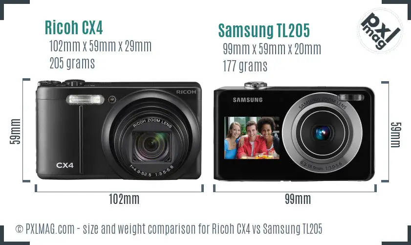 Ricoh CX4 vs Samsung TL205 size comparison