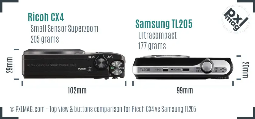 Ricoh CX4 vs Samsung TL205 top view buttons comparison