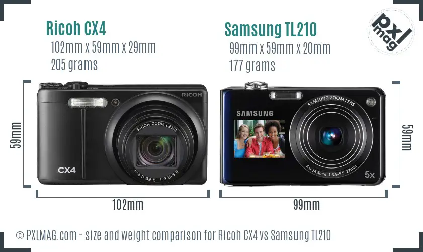 Ricoh CX4 vs Samsung TL210 size comparison