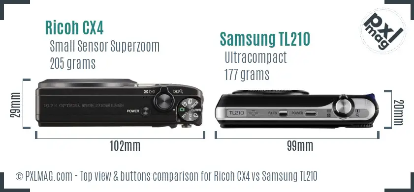 Ricoh CX4 vs Samsung TL210 top view buttons comparison