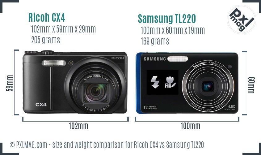 Ricoh CX4 vs Samsung TL220 size comparison