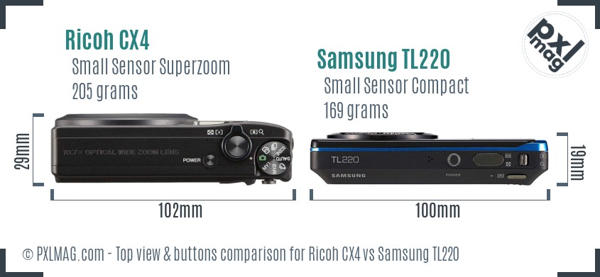 Ricoh CX4 vs Samsung TL220 top view buttons comparison