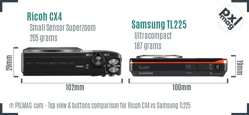 Ricoh CX4 vs Samsung TL225 top view buttons comparison Ricoh CX4 vs Samsung TL225 top view buttons comparison