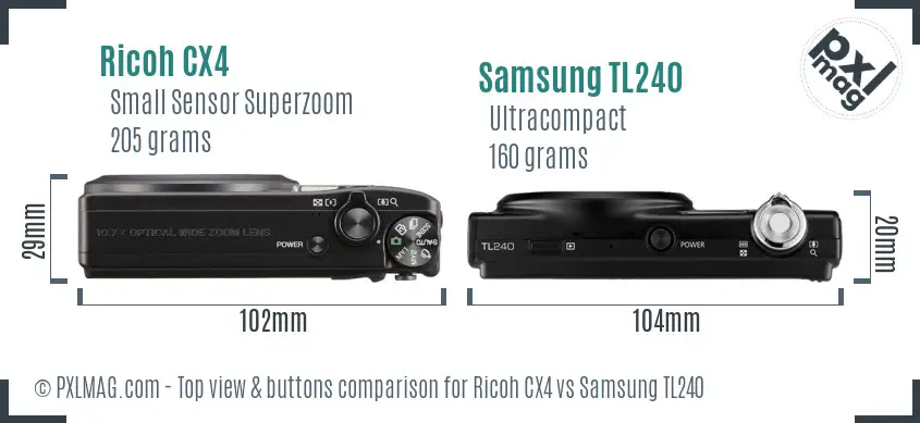 Ricoh CX4 vs Samsung TL240 top view buttons comparison