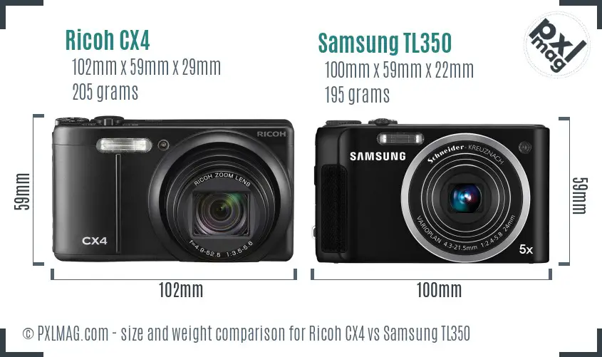 Ricoh CX4 vs Samsung TL350 size comparison