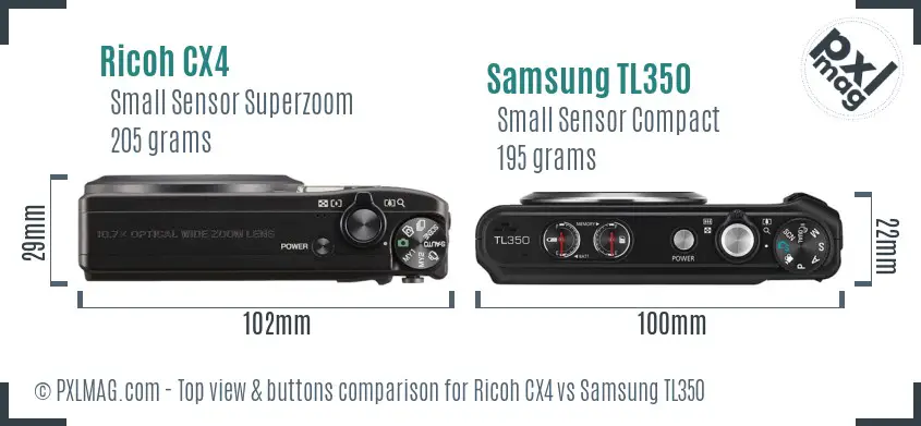 Ricoh CX4 vs Samsung TL350 top view buttons comparison