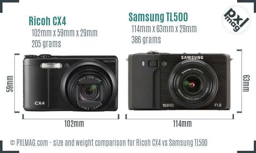 Ricoh CX4 vs Samsung TL500 size comparison