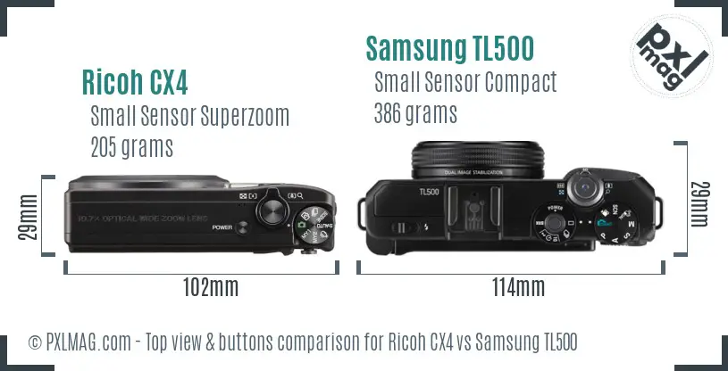 Ricoh CX4 vs Samsung TL500 top view buttons comparison