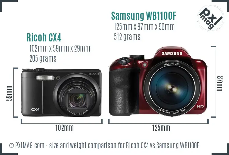 Ricoh CX4 vs Samsung WB1100F size comparison
