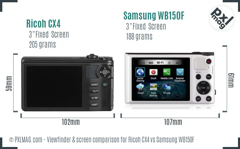 Ricoh CX4 vs Samsung WB150F Screen and Viewfinder comparison