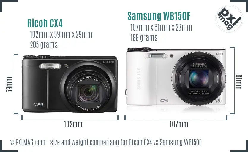 Ricoh CX4 vs Samsung WB150F size comparison