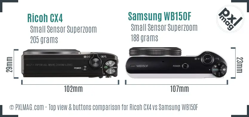 Ricoh CX4 vs Samsung WB150F top view buttons comparison