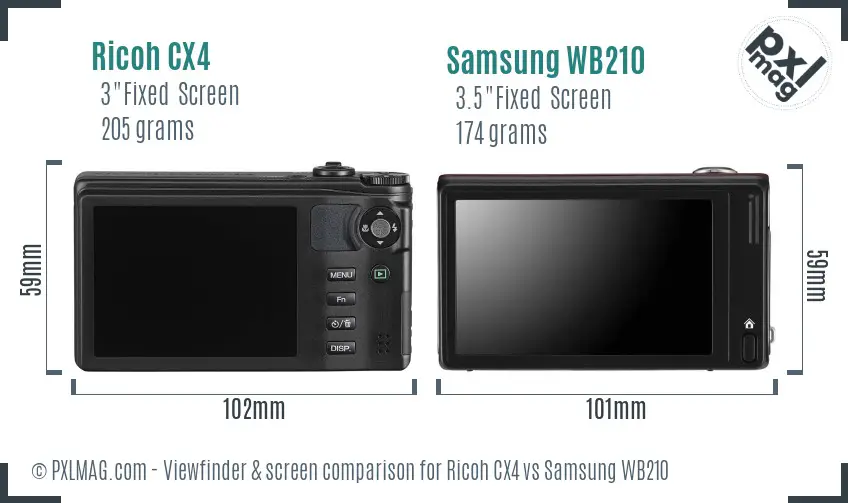 Ricoh CX4 vs Samsung WB210 Screen and Viewfinder comparison