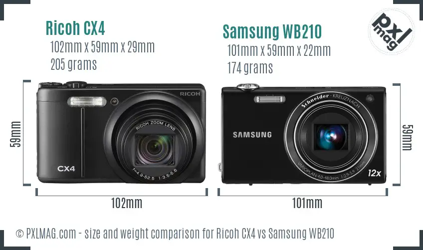 Ricoh CX4 vs Samsung WB210 size comparison
