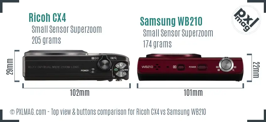 Ricoh CX4 vs Samsung WB210 top view buttons comparison