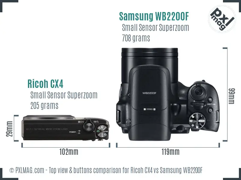 Ricoh CX4 vs Samsung WB2200F top view buttons comparison