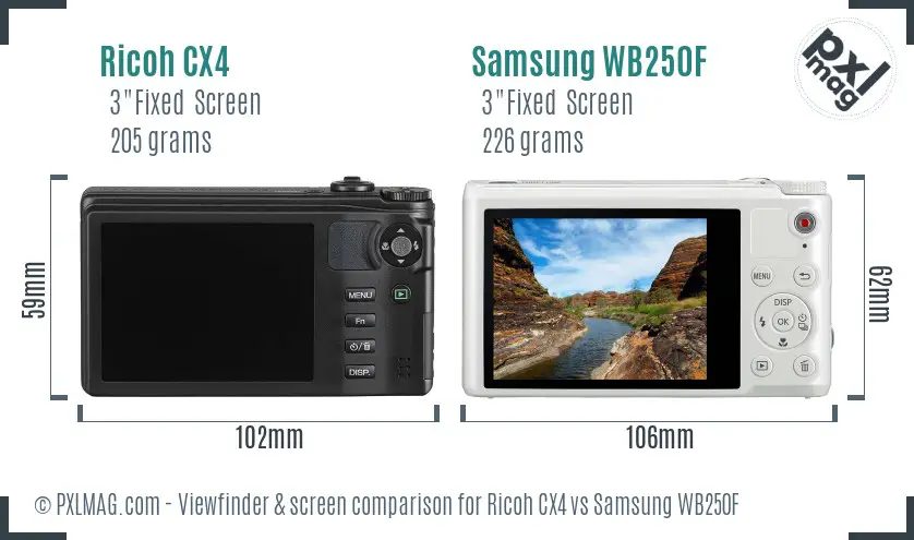 Ricoh CX4 vs Samsung WB250F Screen and Viewfinder comparison