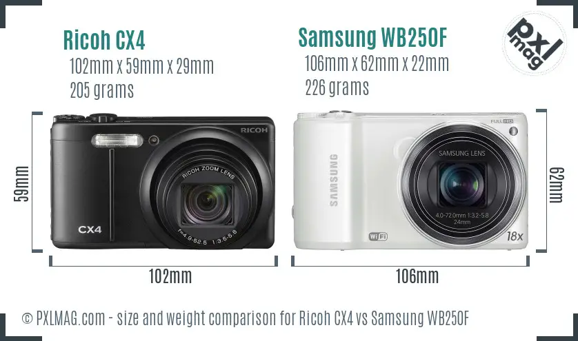 Ricoh CX4 vs Samsung WB250F size comparison