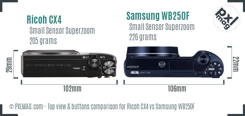 Ricoh CX4 vs Samsung WB250F top view buttons comparison