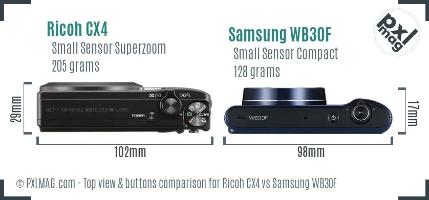 Ricoh CX4 vs Samsung WB30F top view buttons comparison Ricoh CX4 vs Samsung WB30F top view buttons comparison