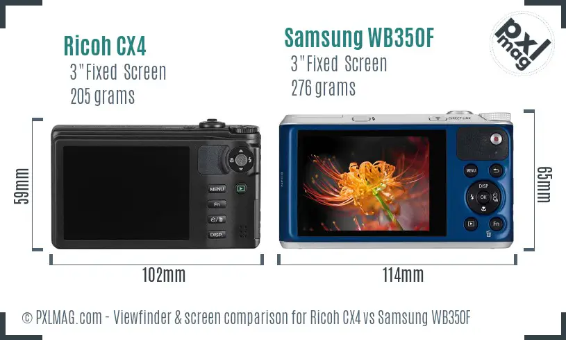 Ricoh CX4 vs Samsung WB350F Screen and Viewfinder comparison