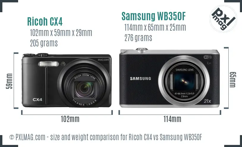 Ricoh CX4 vs Samsung WB350F size comparison