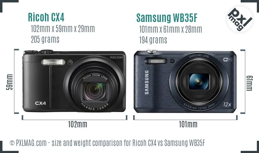 Ricoh CX4 vs Samsung WB35F size comparison