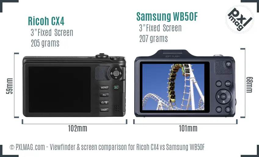 Ricoh CX4 vs Samsung WB50F Screen and Viewfinder comparison